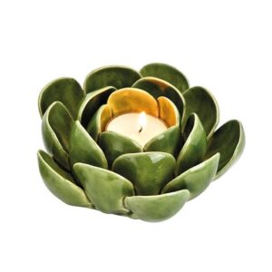 Grön ljuslykta i porslin med bladform och värmeljus