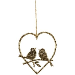 Hängande hjärta i metall med två fåglar i guldfärg