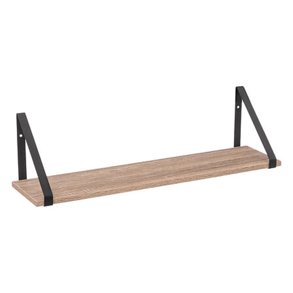Vägghylla i trä med svarta metallfästen, 58 cm