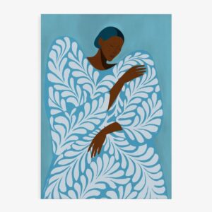 Självomfamnande kvinna - blå botanisk poster