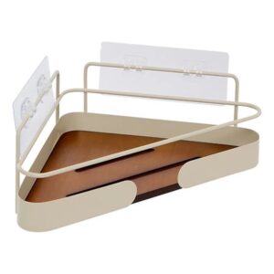 Beige hörnhylla med trälook